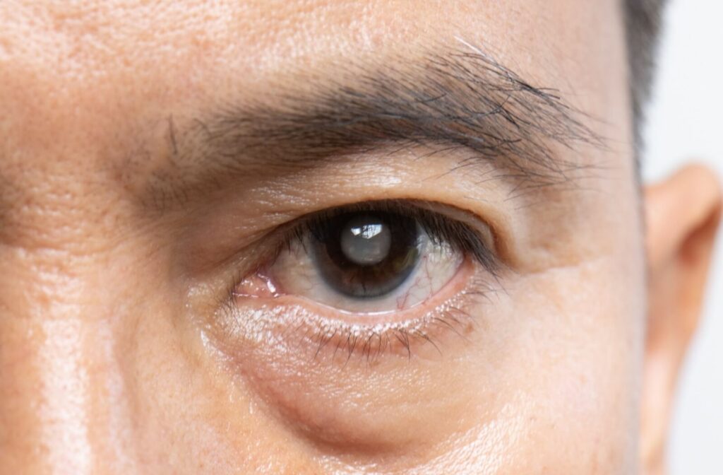 A close-up image of a person's left eye with a cataract in the center of their lens.