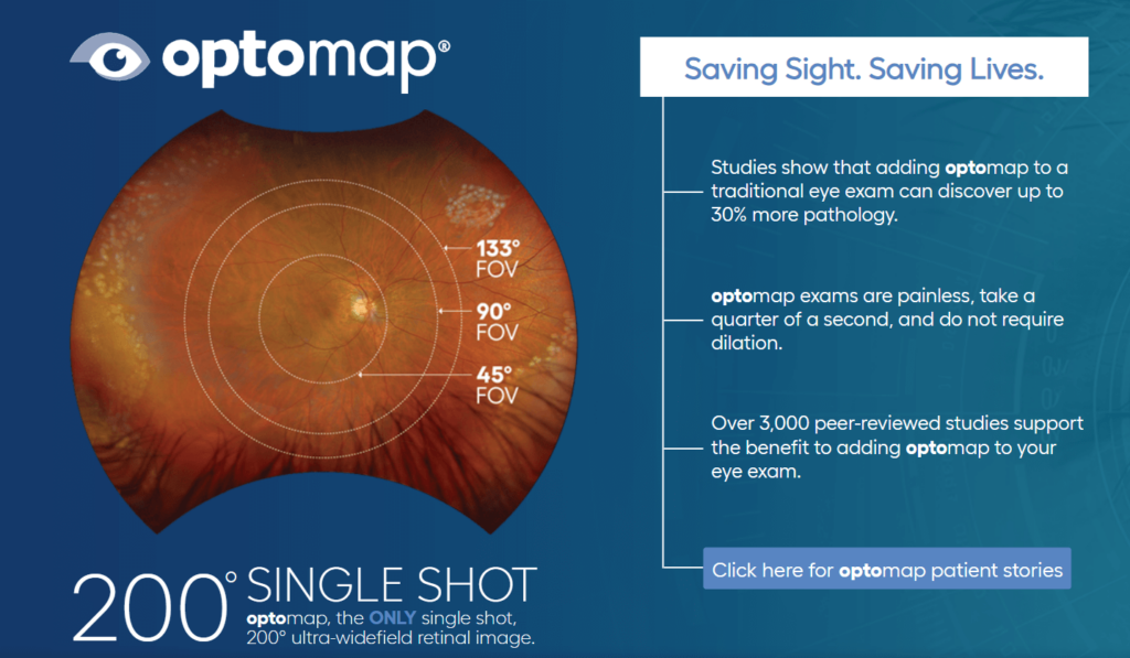 An infographic explaining the benefits of an Optomap retinal exam, featuring a 200° ultra-widefield retinal image and text about early pathology detection.