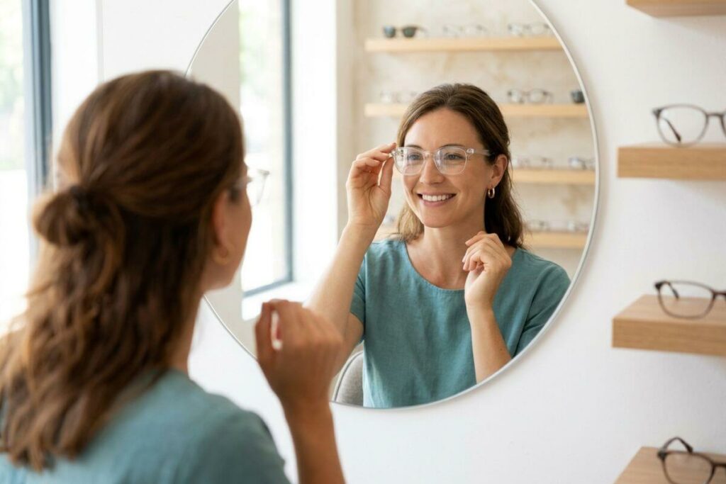 A smiling woman trying on clear, translucent acetate eyeglasses in front of a round mirror at an optical boutique, showcasing Summer 2026 eyewear trends.