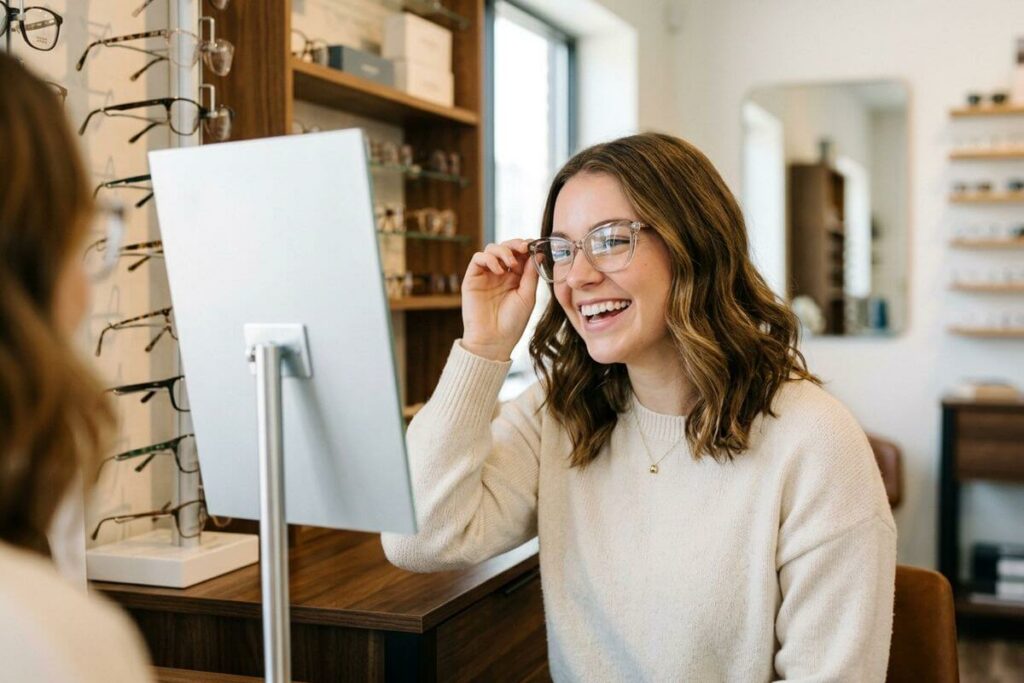 A laughing young woman trying on clear, square-shaped prescription glasses while looking at her reflection in a tabletop mirror at an eyewear clinic.