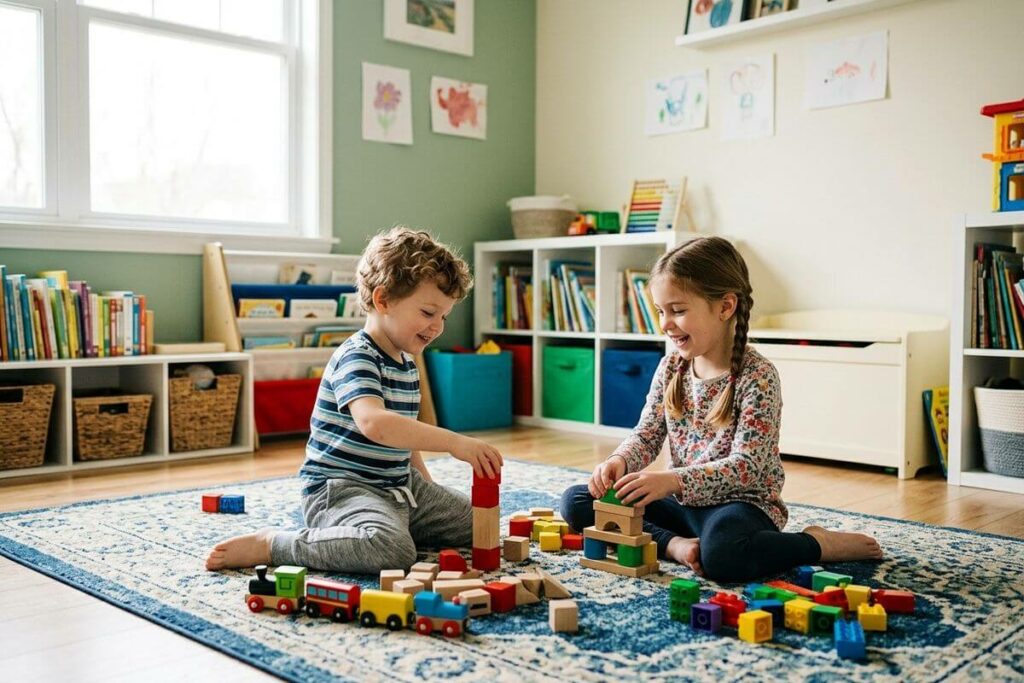 Two young children smiling and playing with wooden blocks on a rug in a sunlit playroom, illustrating environments where early childhood vision and myopia development are monitored.