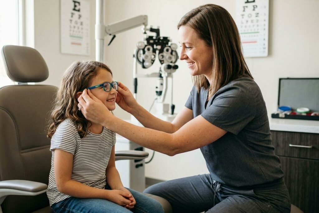 A smiling pediatric optometrist gently fitting a pair of blue glasses on a young girl during an eye examination at an optometry clinic.