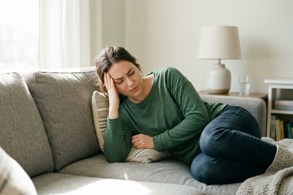 Adult reclining on a sofa, hand pressed to temple, eyes closed, expression pained, hugging a pillow in a living room.