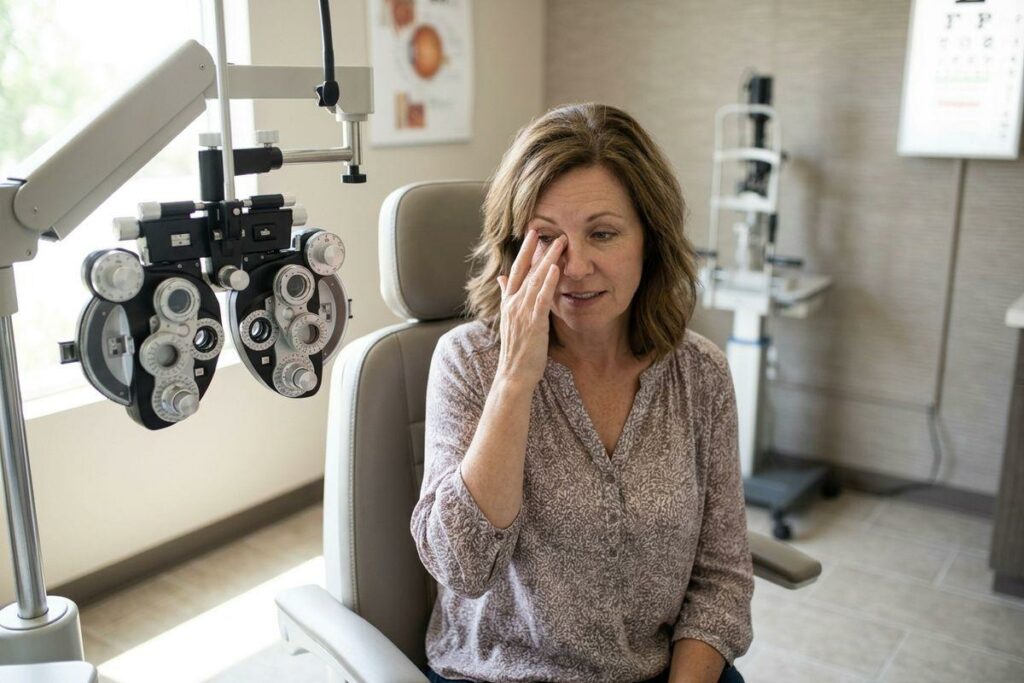 An adult rubbing one eye while seated beside a phoropter in an eye exam room.