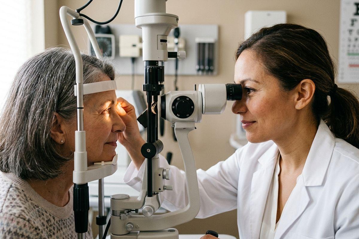 An optometrist examines an older patient's eye using a slit lamp in an exam room.