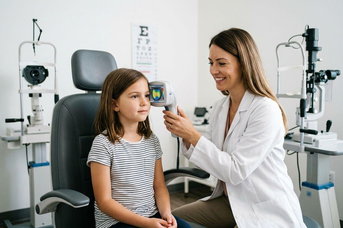 An optometrist using a handheld device to examine a child's eye in an exam room, with an eye chart on the wall.