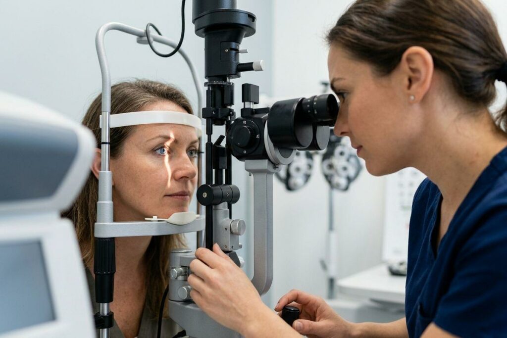 Optometrist examines a patient's eye using a slit lamp during an eye exam in a clinic.