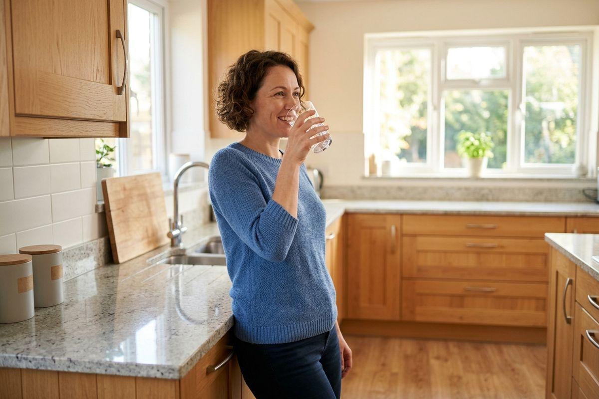 Smiling adult drinking from a clear glass while leaning against a kitchen counter with wooden cabinets.