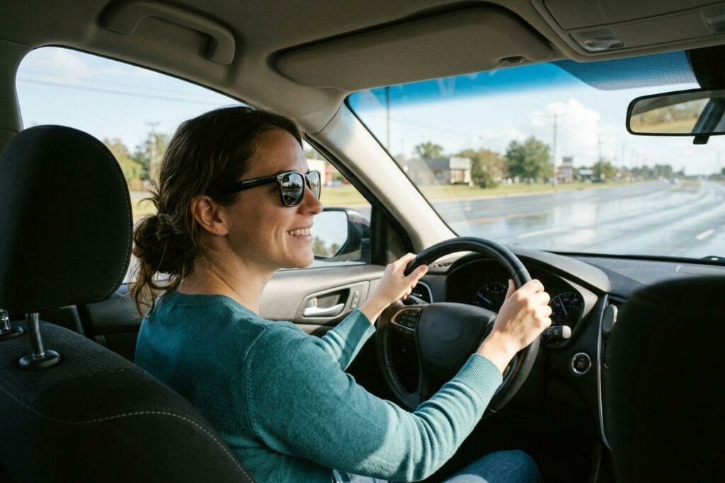 Smiling adult wearing sunglasses driving a car on a sunny road, both hands on the steering wheel, trees and road visible through the windshield.