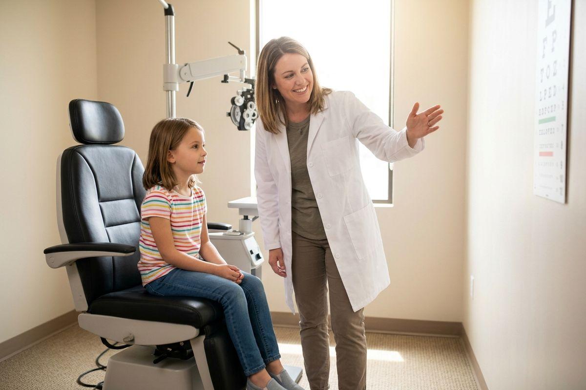 Smiling optometrist gestures toward an eye chart while speaking with a child seated in an exam chair during an eye exam.