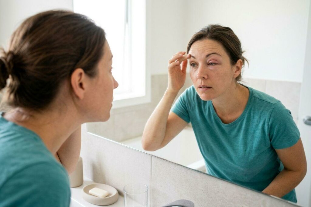 A person examining their swollen, reddened eyelid in a bathroom mirror, touching their brow.