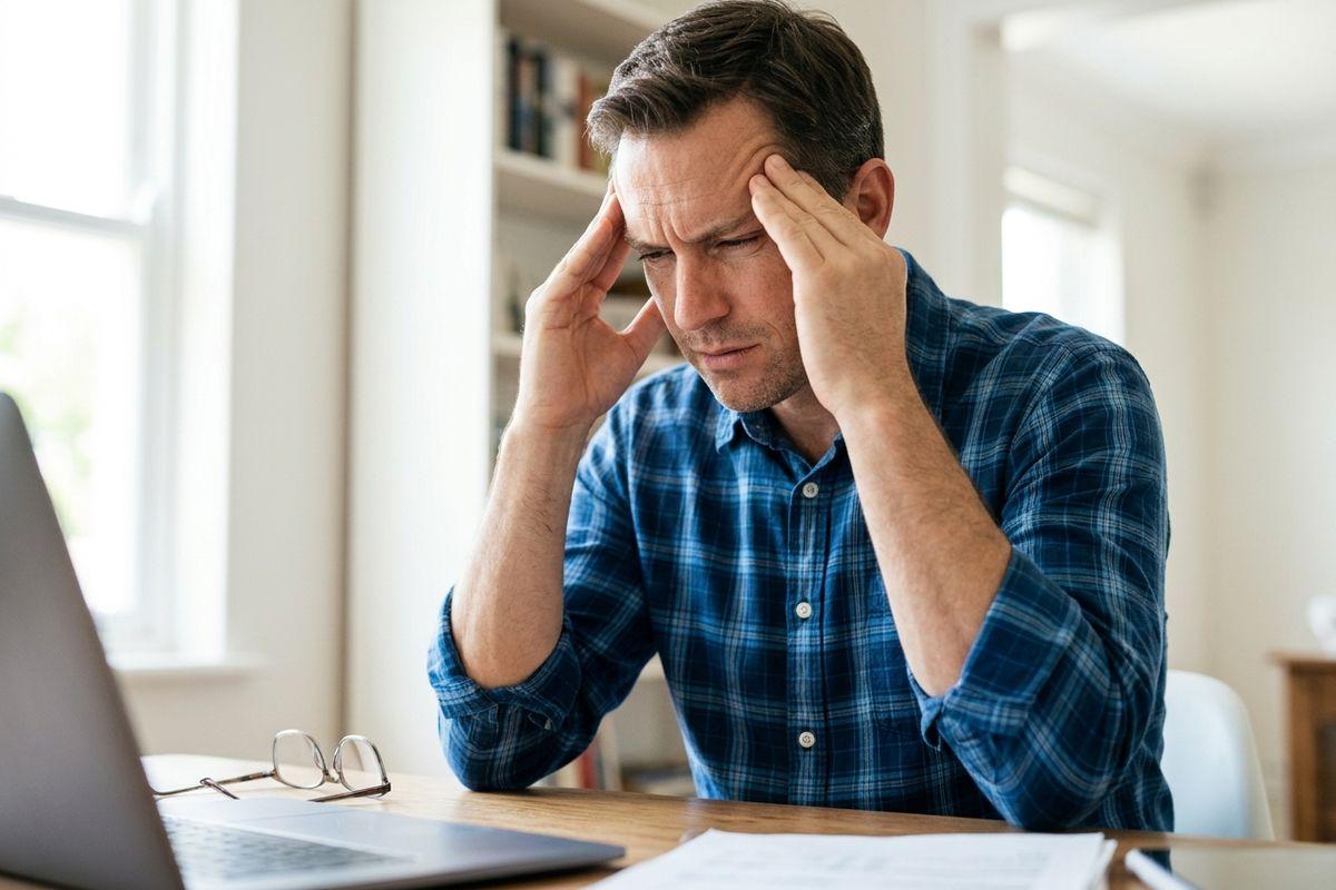 A person in a plaid shirt at a desk with laptop, pressing fingers to their temples with a pained expression.