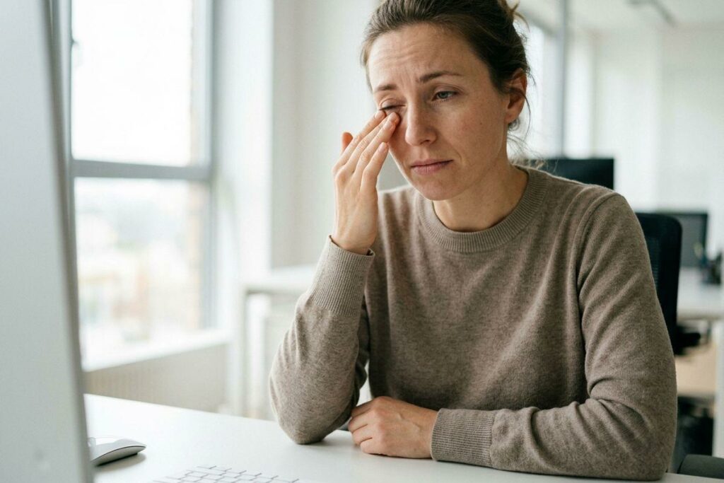 A person rubbing one eye while sitting at a desk with a keyboard and mouse, looking tired in an office.