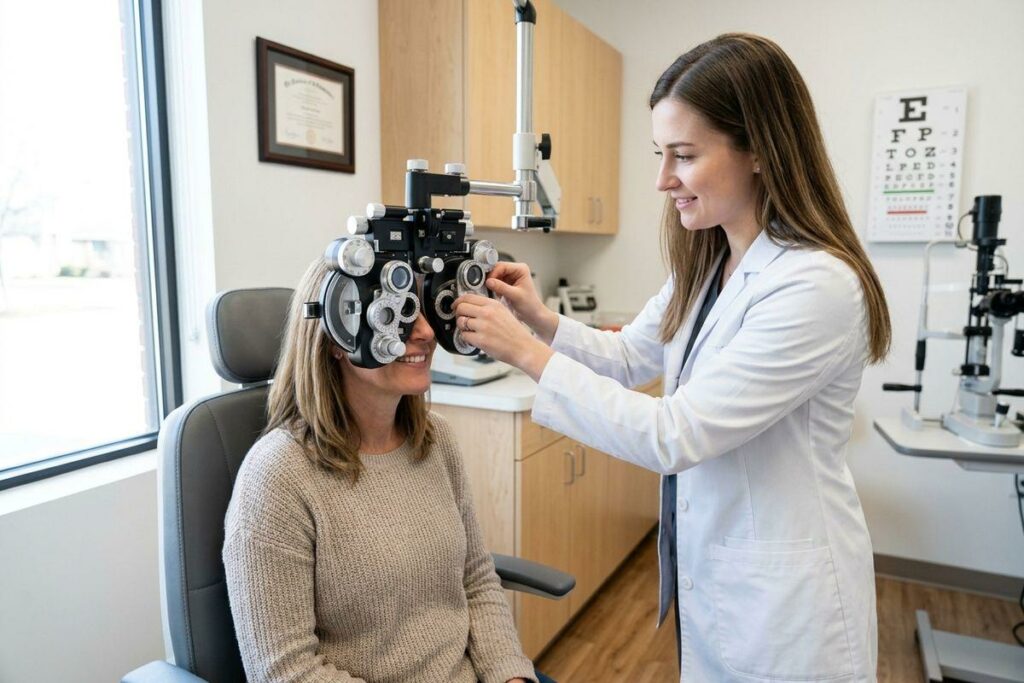 An optometrist adjusting a phoropter for a smiling patient during an eye exam, with an eye chart on the wall.