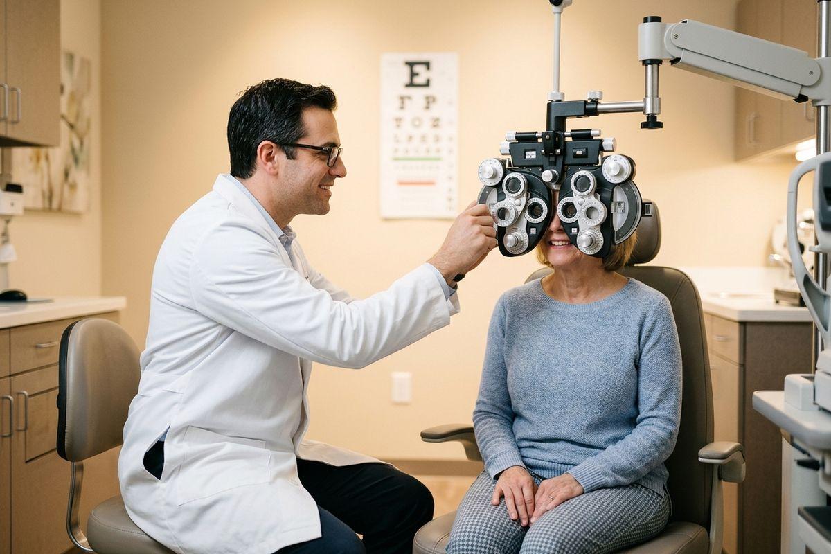 An optometrist adjusts a phoropter for a smiling patient during an eye exam, with an eye chart on the wall behind.
