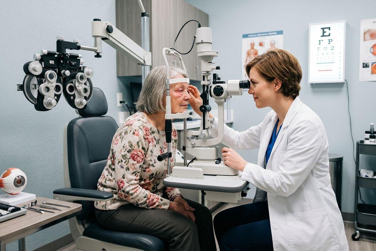 An optometrist examining an older adult's eyes with a slit lamp in an exam room, eye chart on wall.